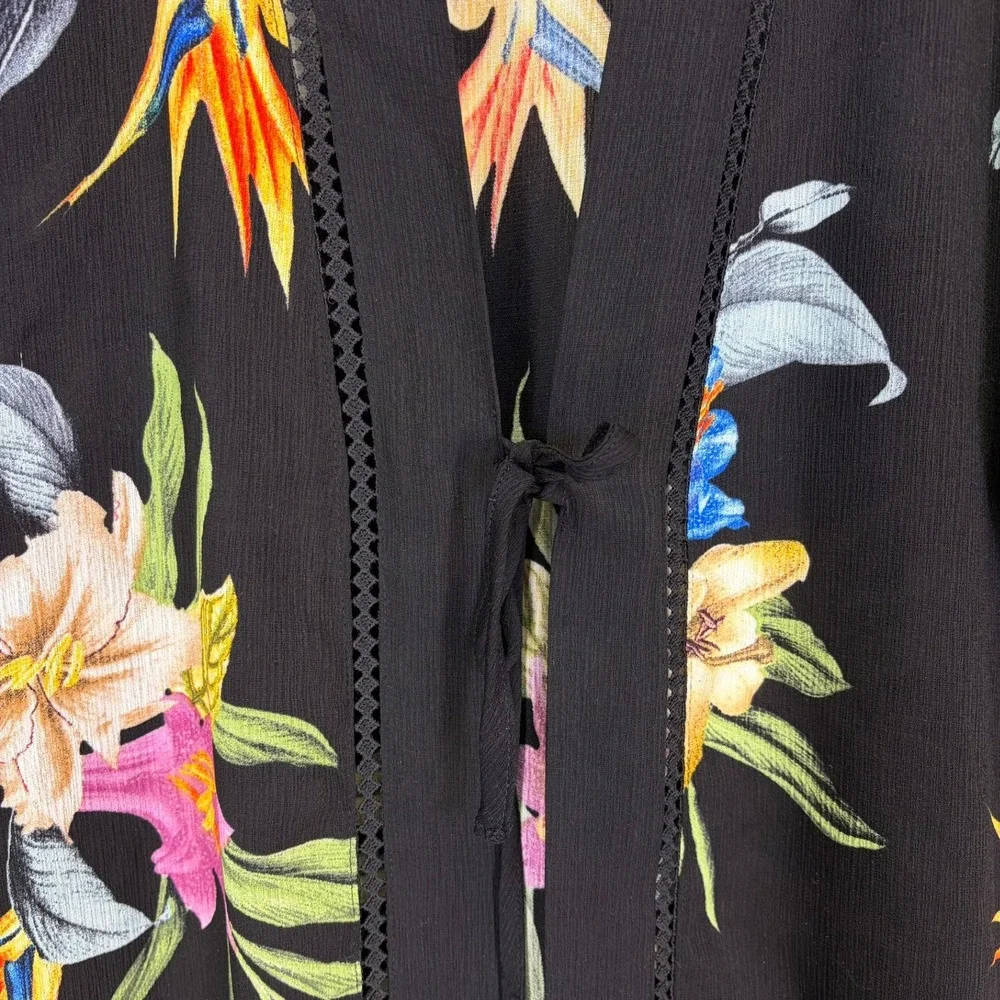 Kona Sol Womens Kimono Cover Up S/M Black Tropical Floral Bird of Paradise Wrap
